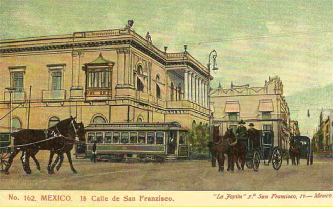 Alumbrado con lámparas de gas, 1857, calles Plateros y San Francisco, Ciudad de México.